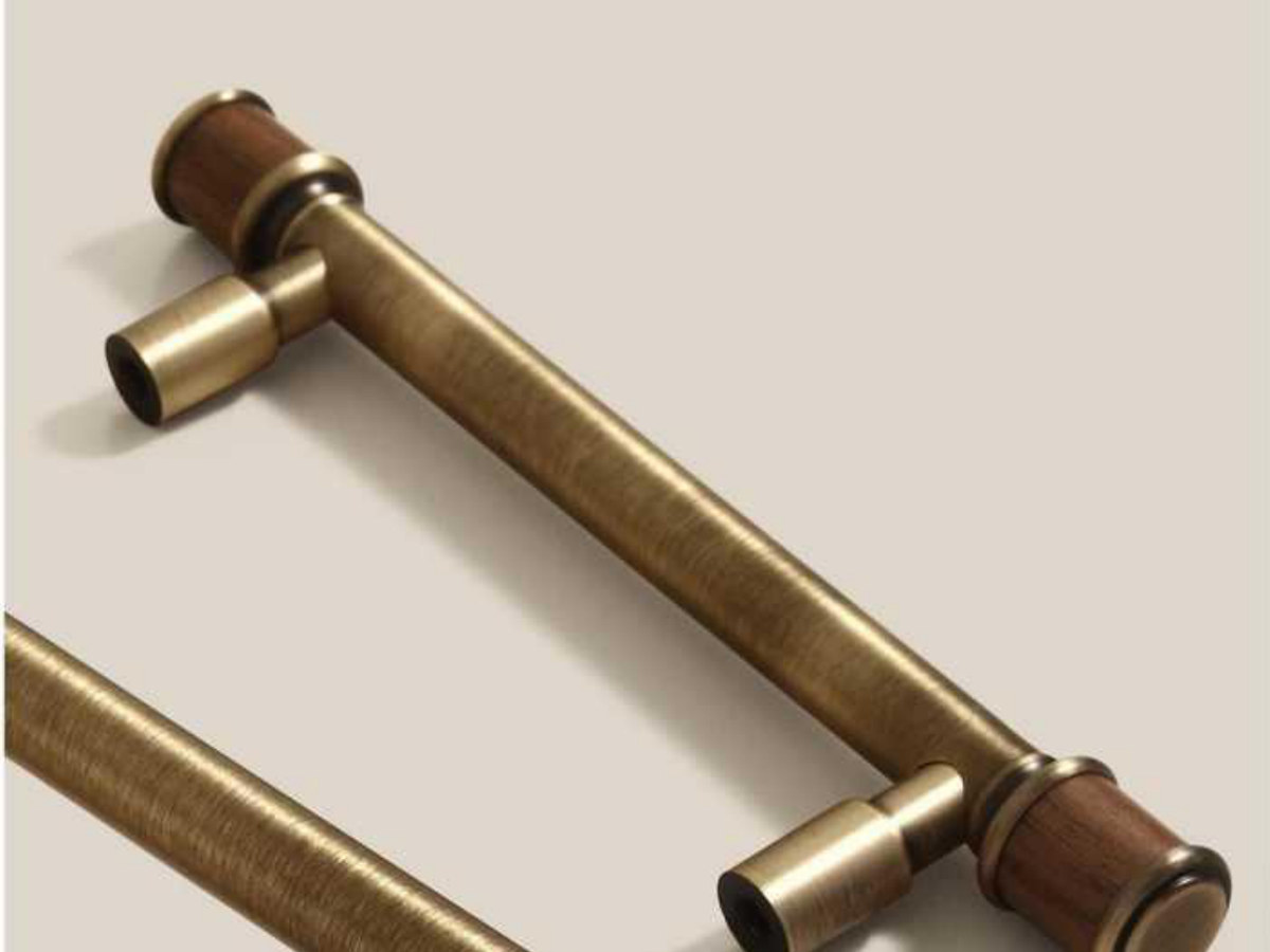 Brass-and-Wood Pull with Wooden Grip - Brass and solid wood cabinet hardware